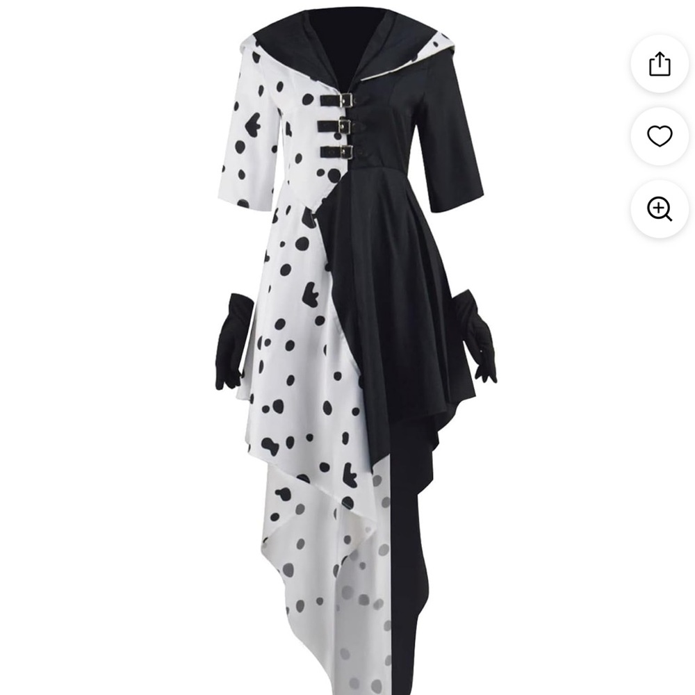New Halloween Costume Cruela Devile Dress with hood and Gloves
